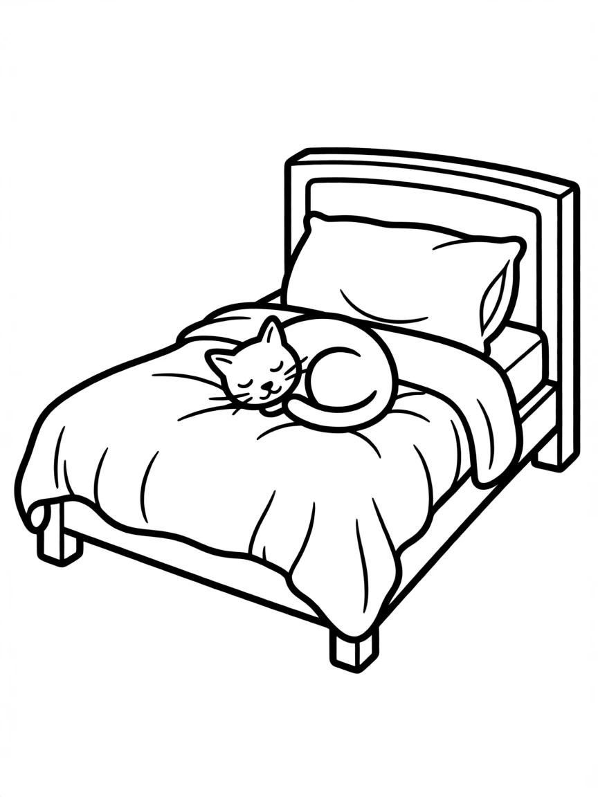 A cozy bed with a warm cat sleeping on it.