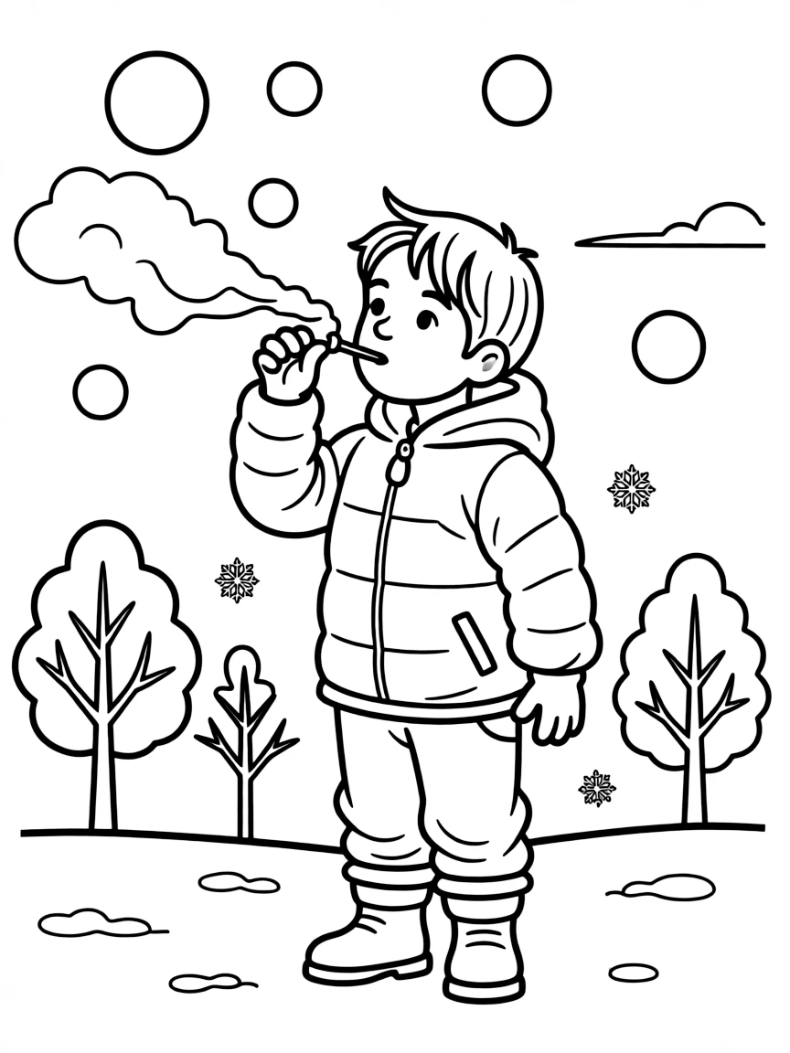 A child blowing bubbles in the cold air.