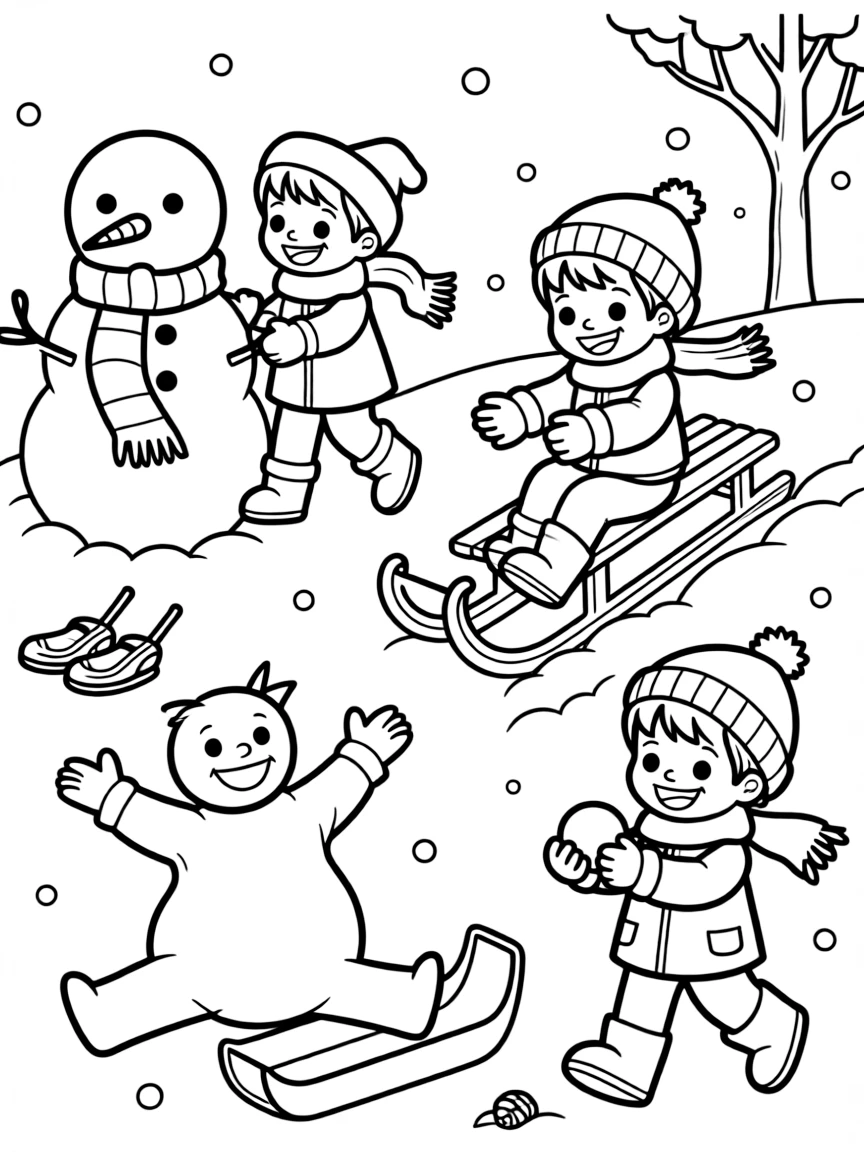 A group of children playing with winter toys.