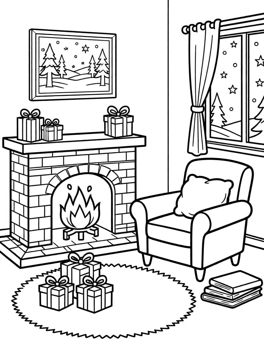 A cozy room with a warm fireplace and presents.