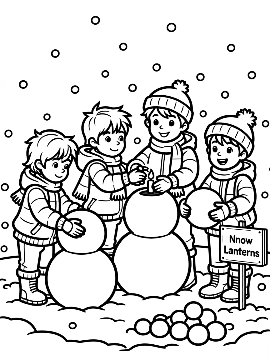 A group of children making snow lanterns.
