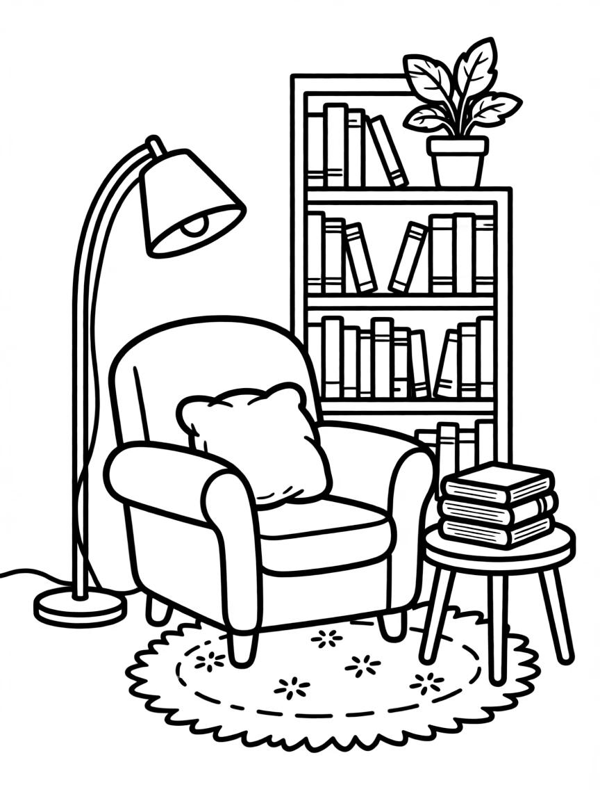 A cozy reading nook with a lamp.