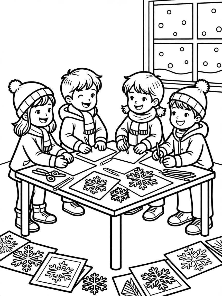 A group of children having a winter art project.