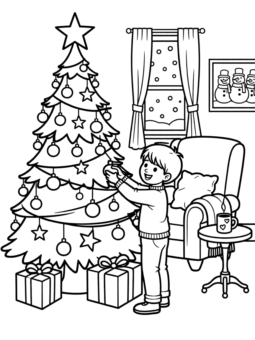 A cozy living room with a decorated Christmas tree.