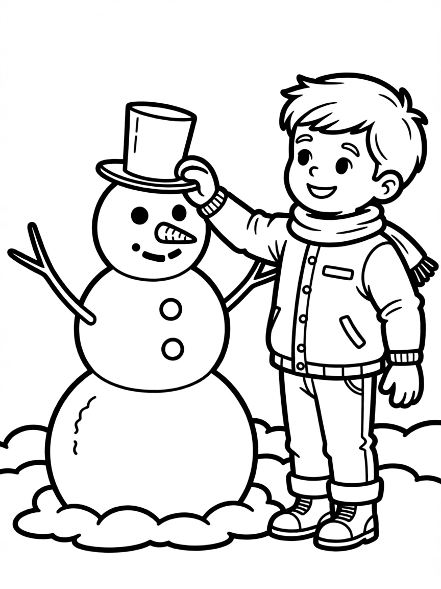 A child building a snowman with a top hat.