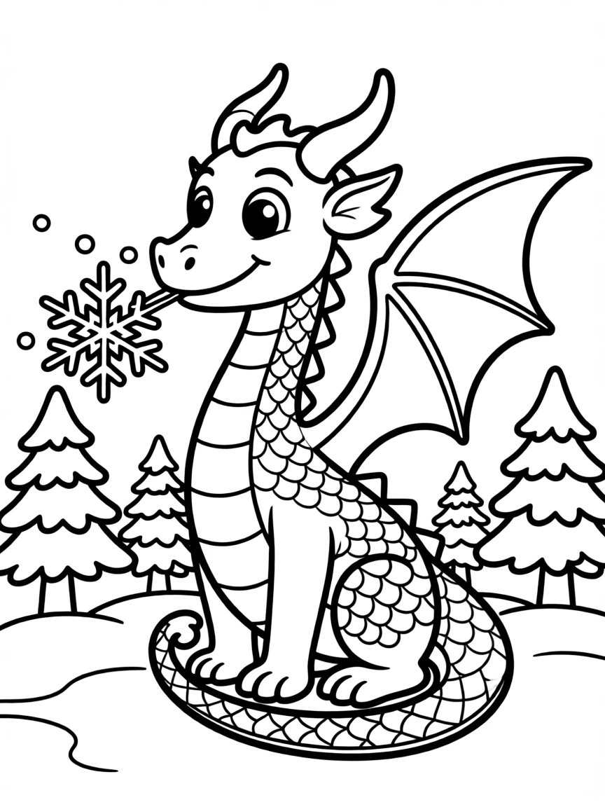 A friendly winter dragon breathing out snowflakes.