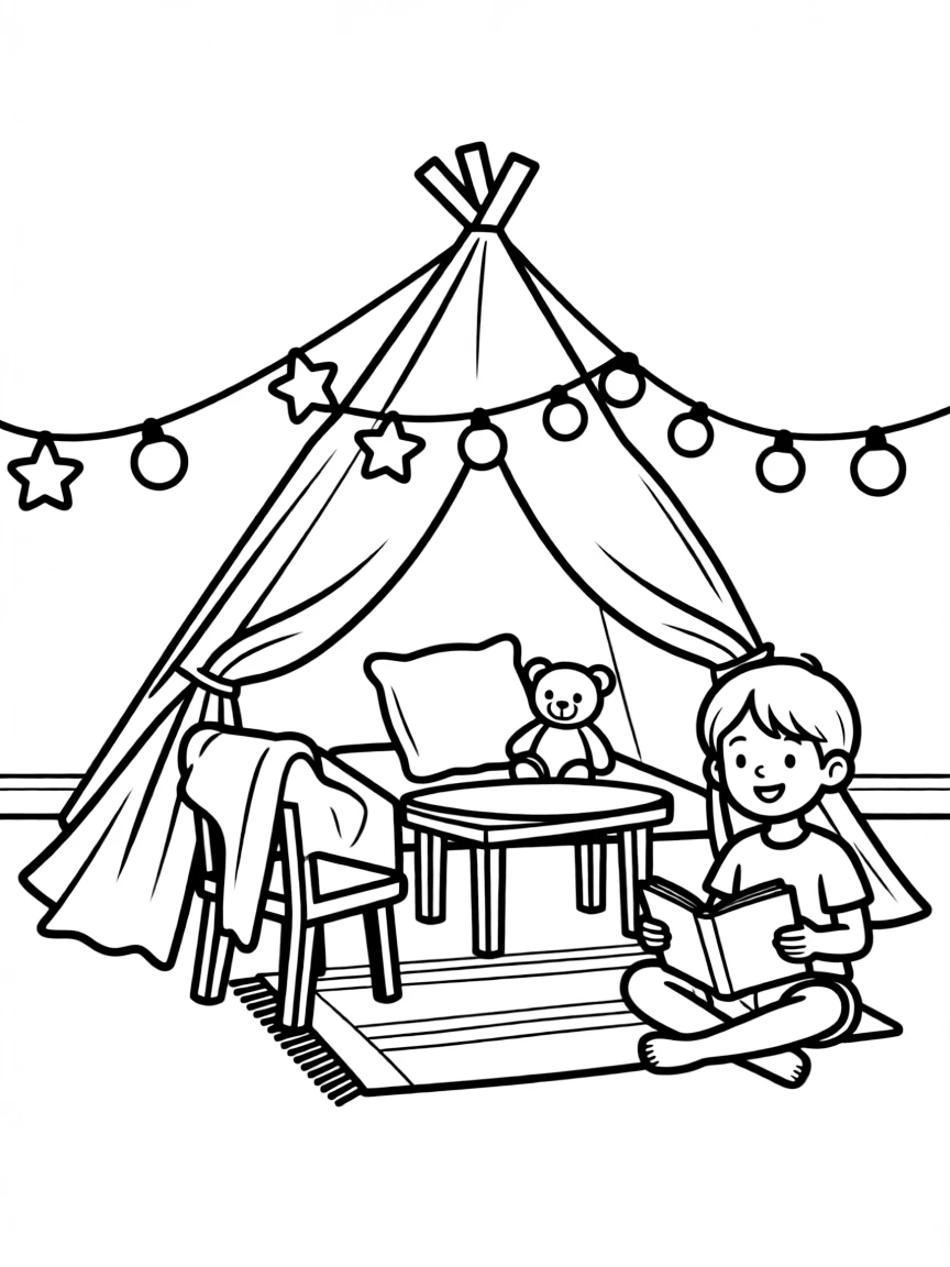 A cozy blanket fort with fairy lights.