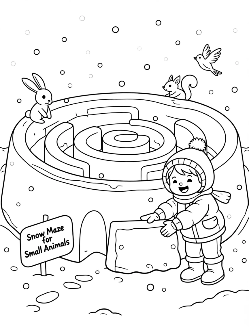 A child making a snow maze for small animals.