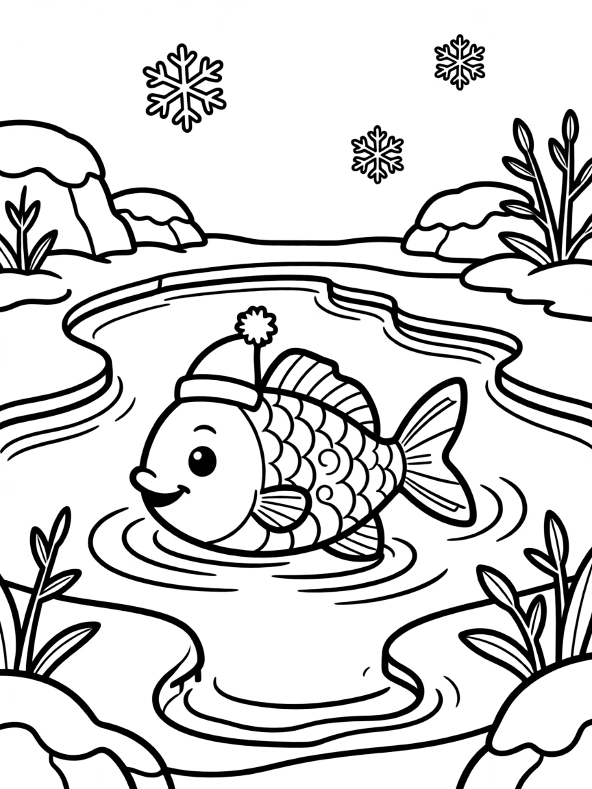 A happy little winter fish in a frozen pond.