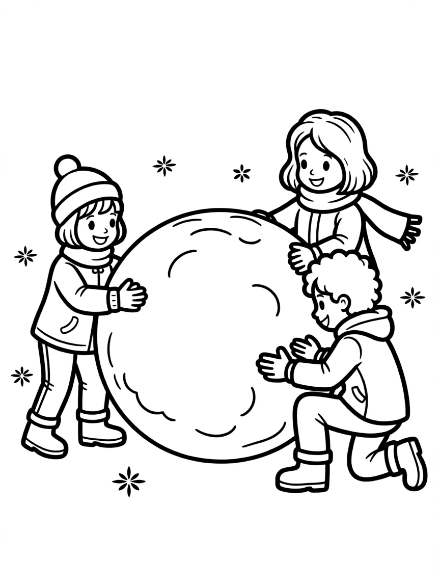 A group of children making a giant snowball.