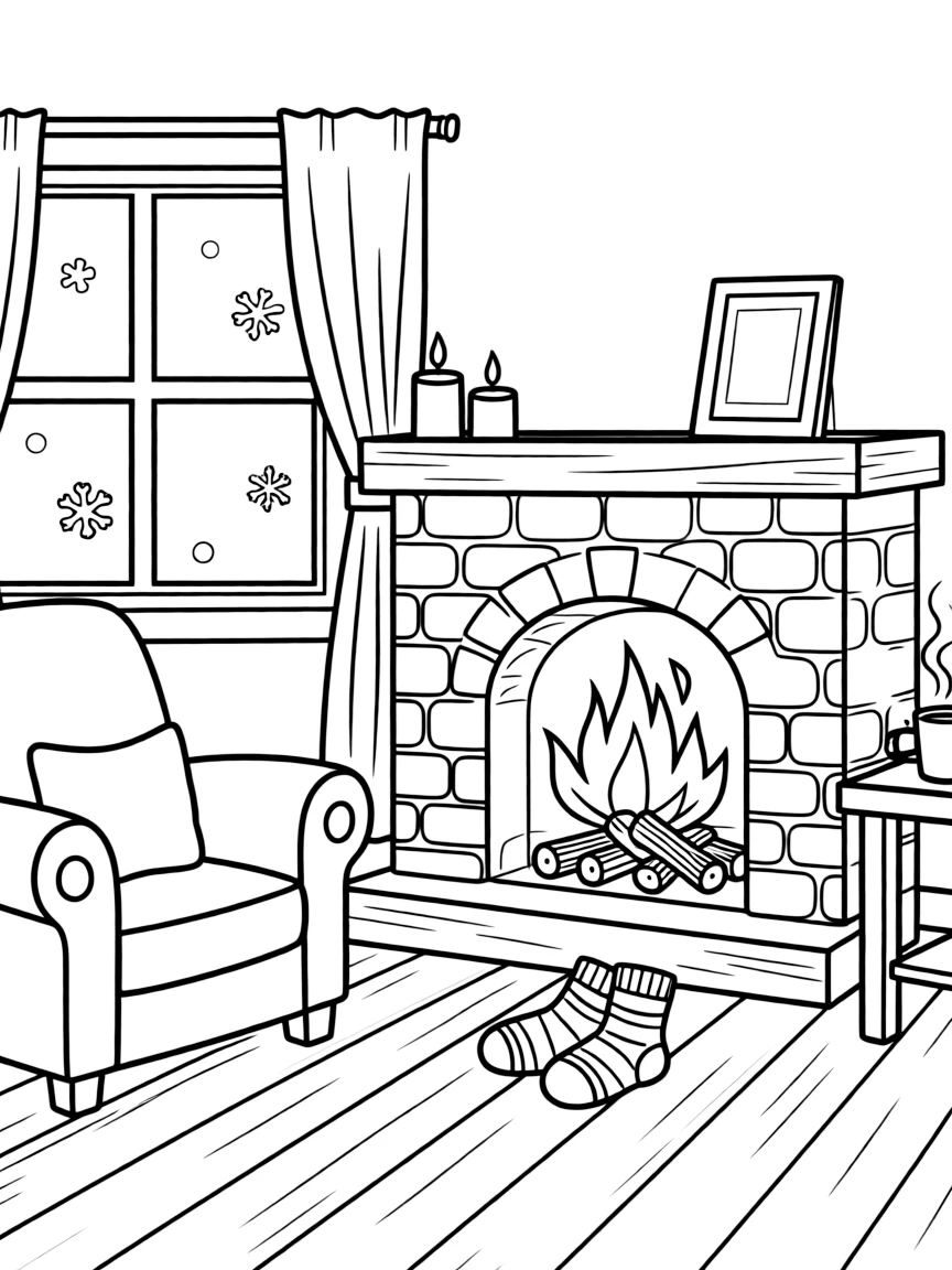 A cozy room with a crackling fire and warm socks.