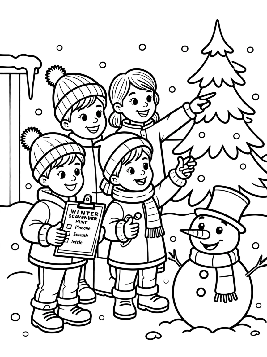 A group of children having a winter scavenger hunt.