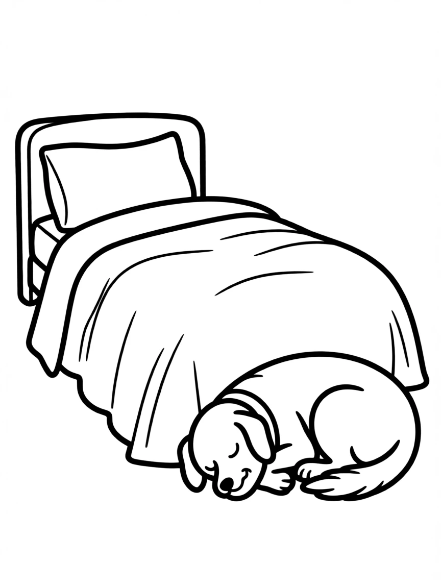 A cozy bed with a warm dog sleeping at the foot.
