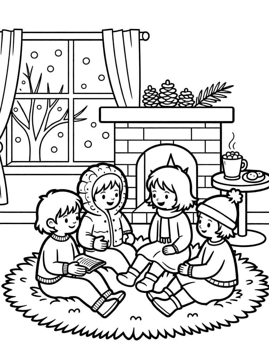 A group of children having a winter story time.