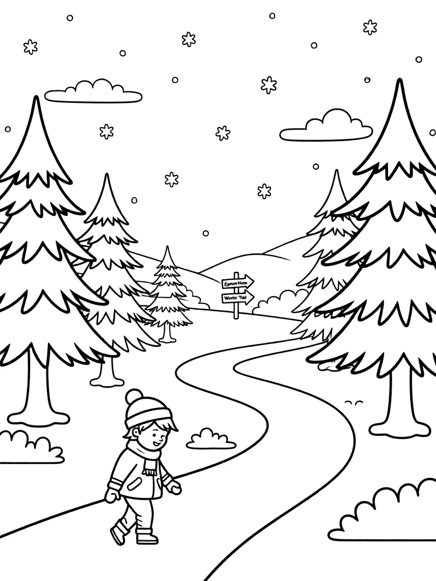 A winter wonderland with a path leading into the distance.