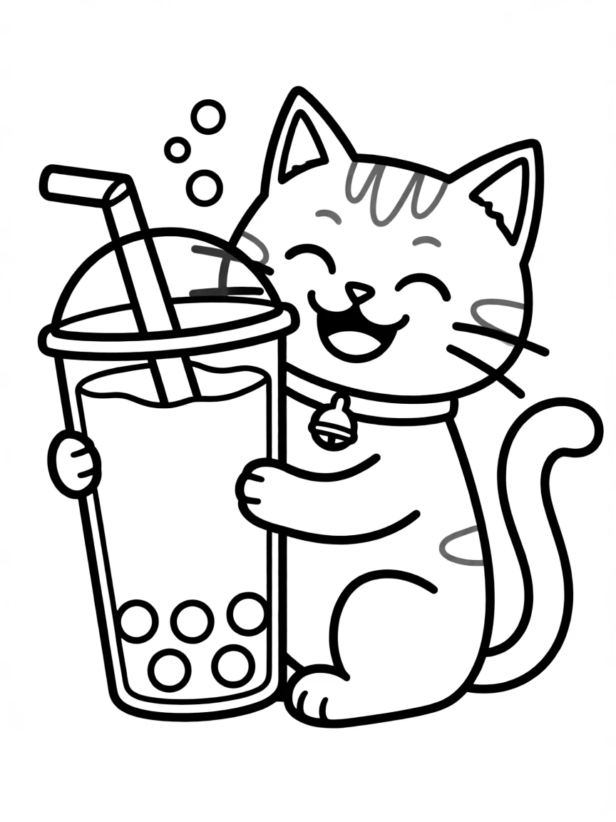 A happy cat sipping boba tea.