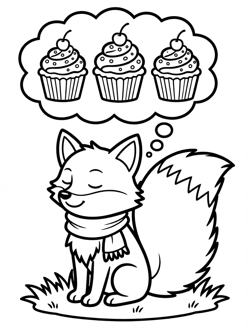 A cute fox dreaming of cupcakes.