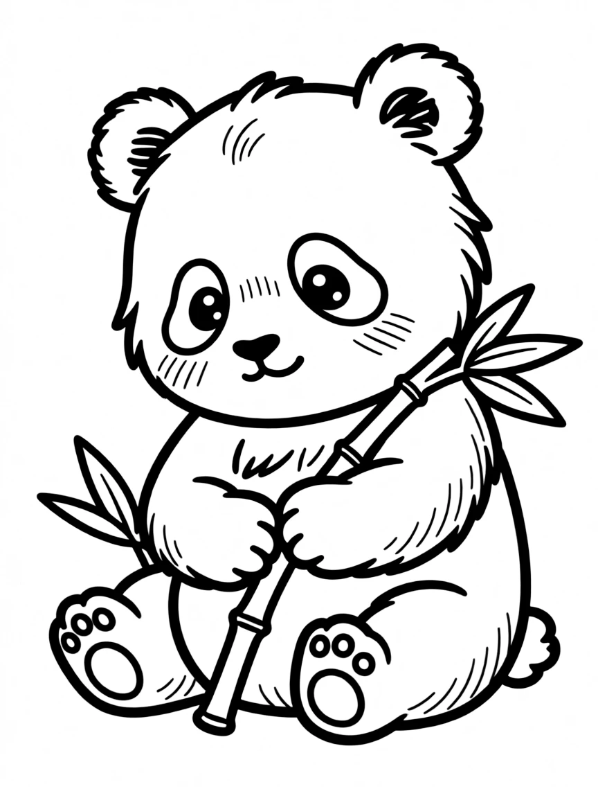 A shy panda holding a bamboo stalk.