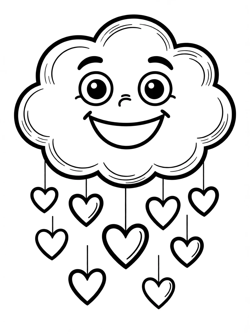 A cheerful cloud raining hearts.