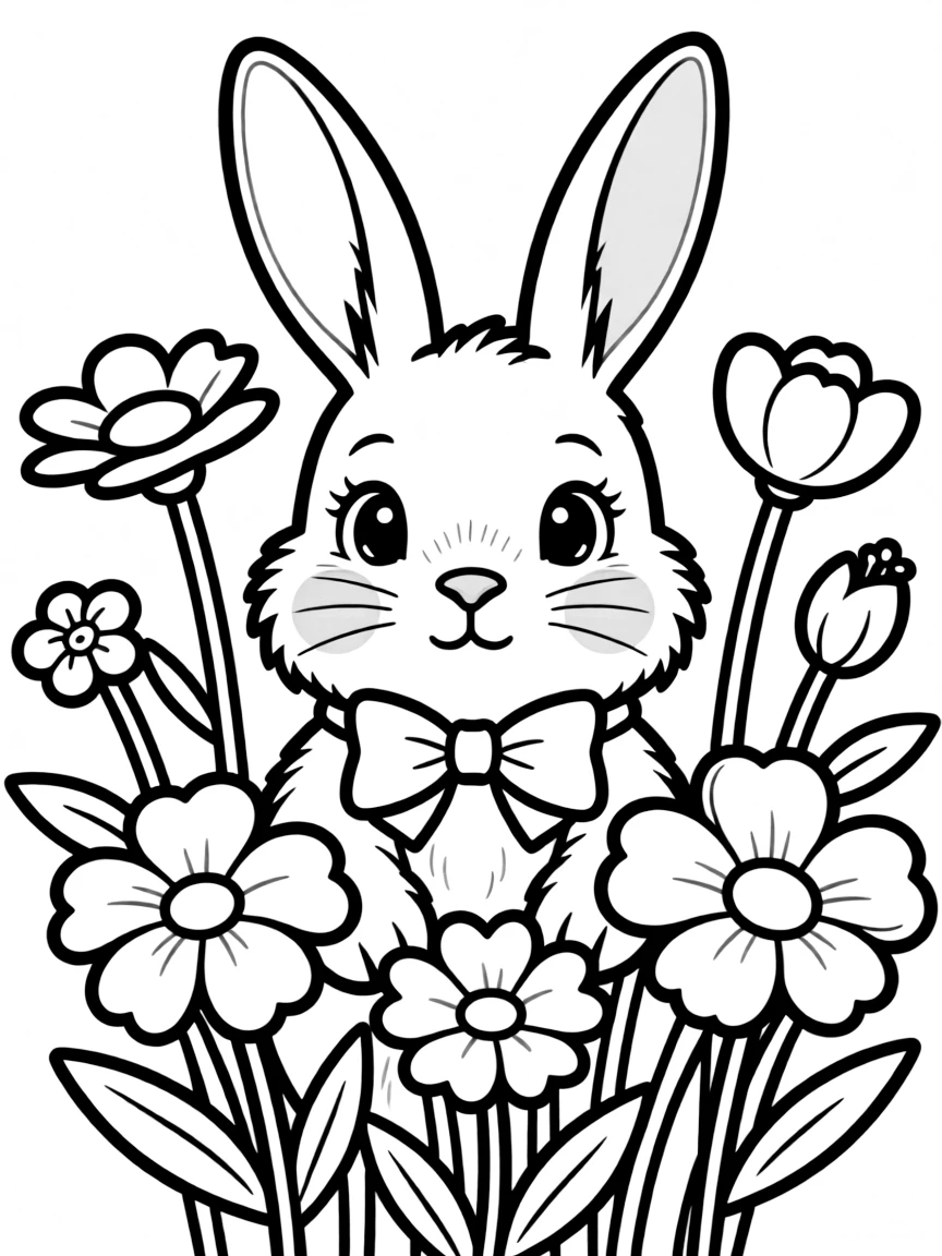 A curious bunny peeking from flowers.