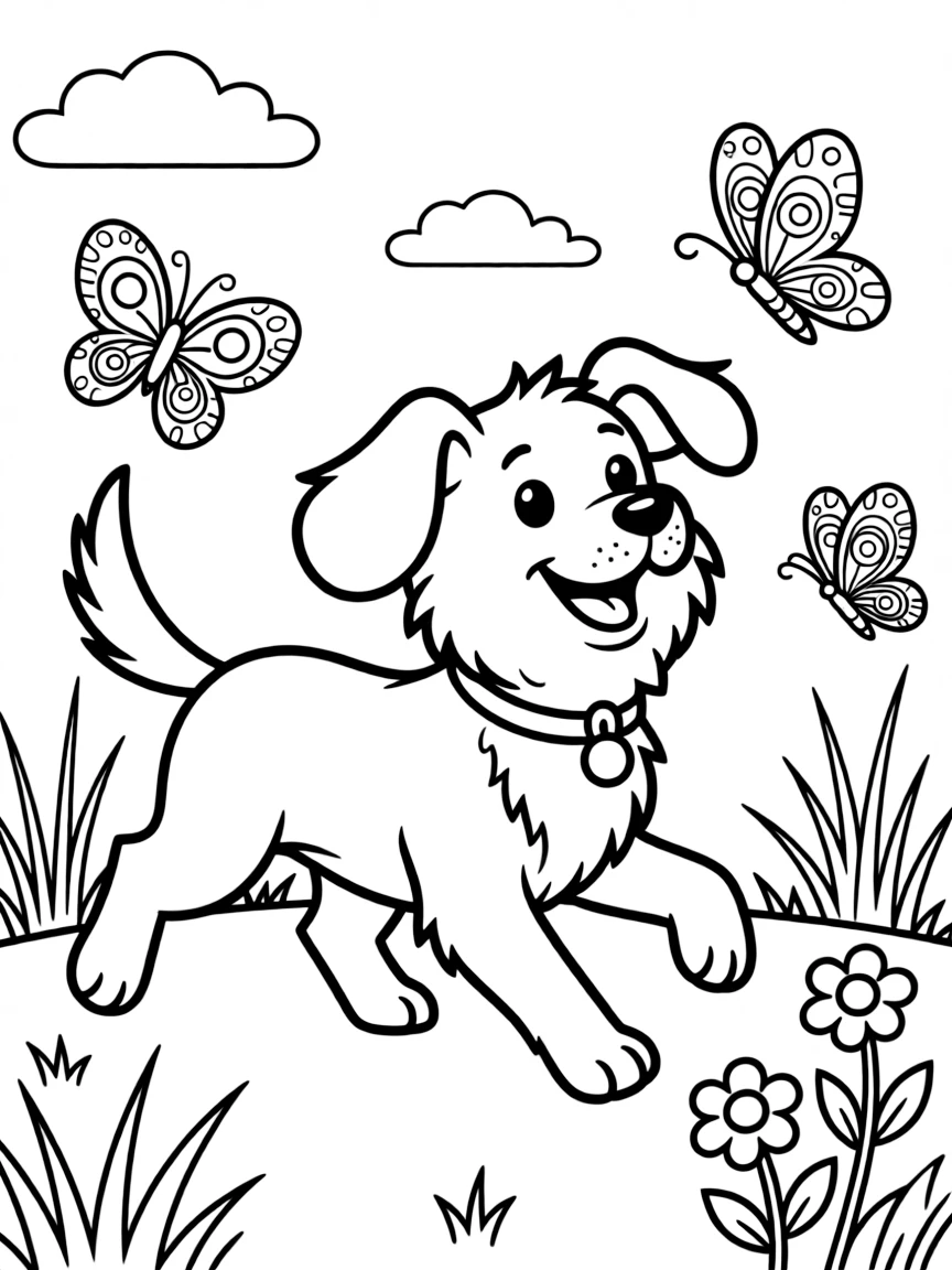 A playful dog chasing butterflies.