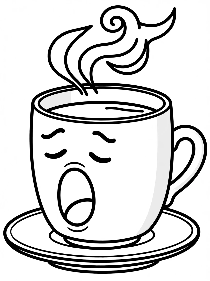 A sleepy coffee cup yawning.