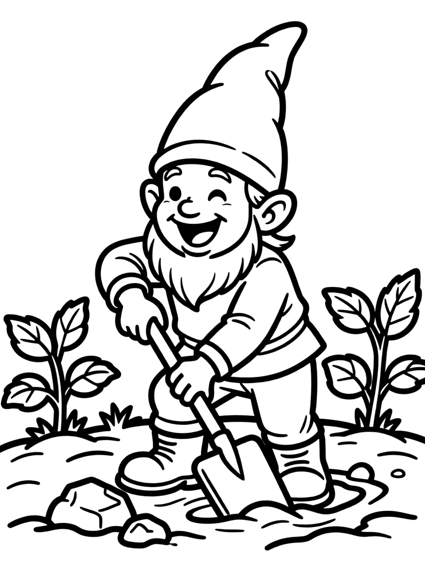 A happy gnome digging.