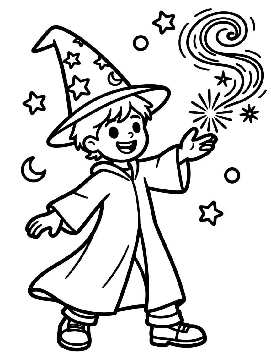 A joyful wizard casting spells.