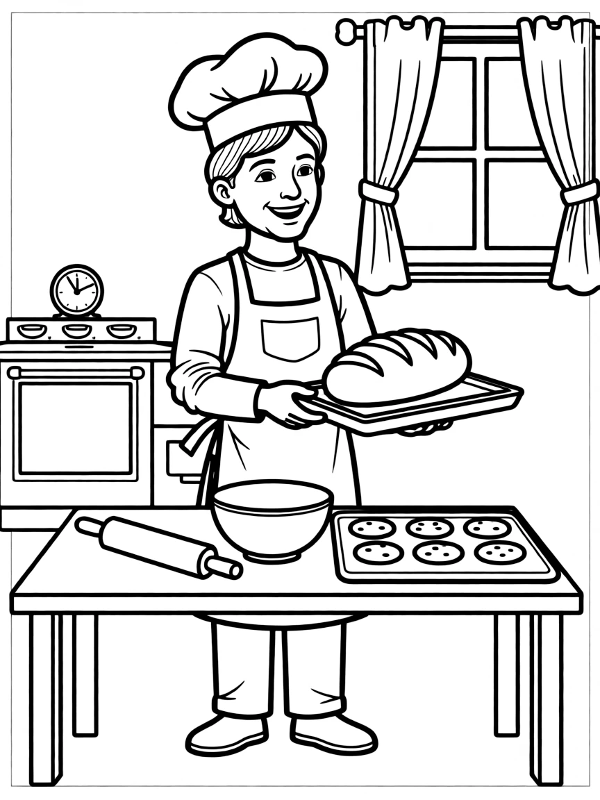A smiling baker baking.