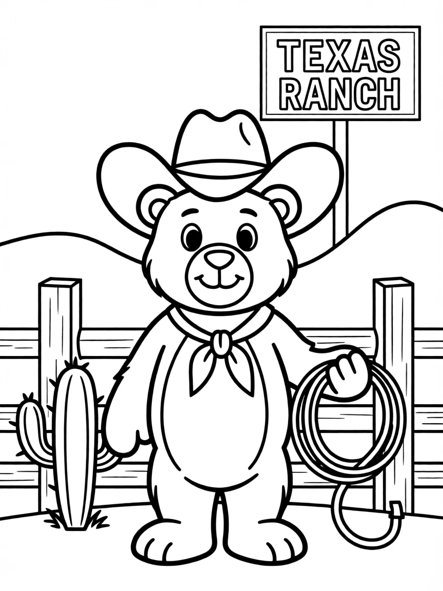 A friendly bear wearing a cowboy hat in Texas, with a lasso.