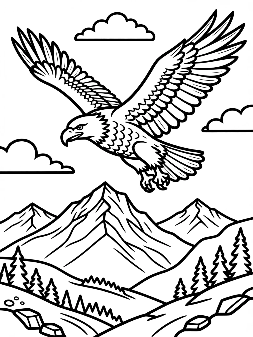 A majestic bald eagle soaring over mountains in Alaska.
