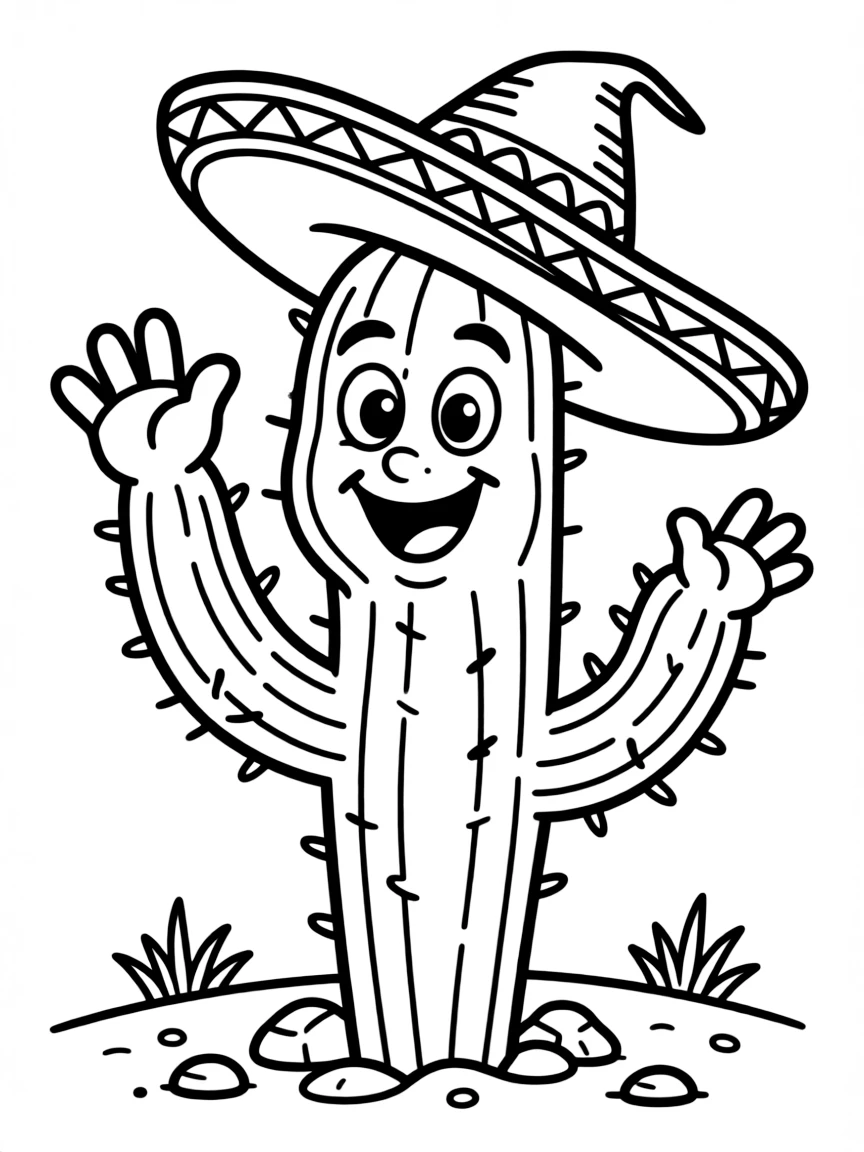 A smiling saguaro cactus with arms, wearing a sombrero in Arizona.