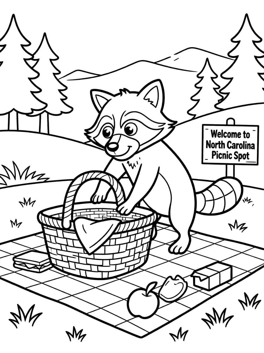 A playful raccoon raiding a picnic basket in North Carolina.
