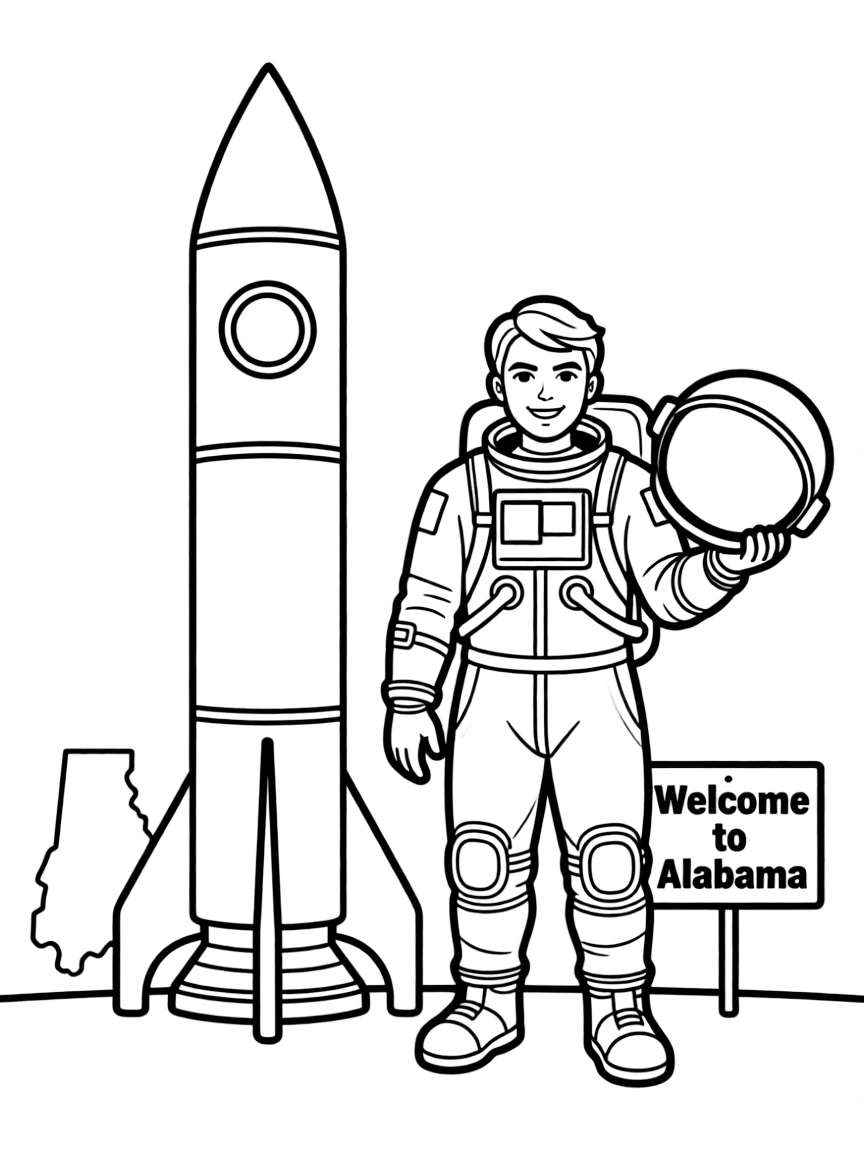 A brave astronaut standing next to a rocket in Alabama.
