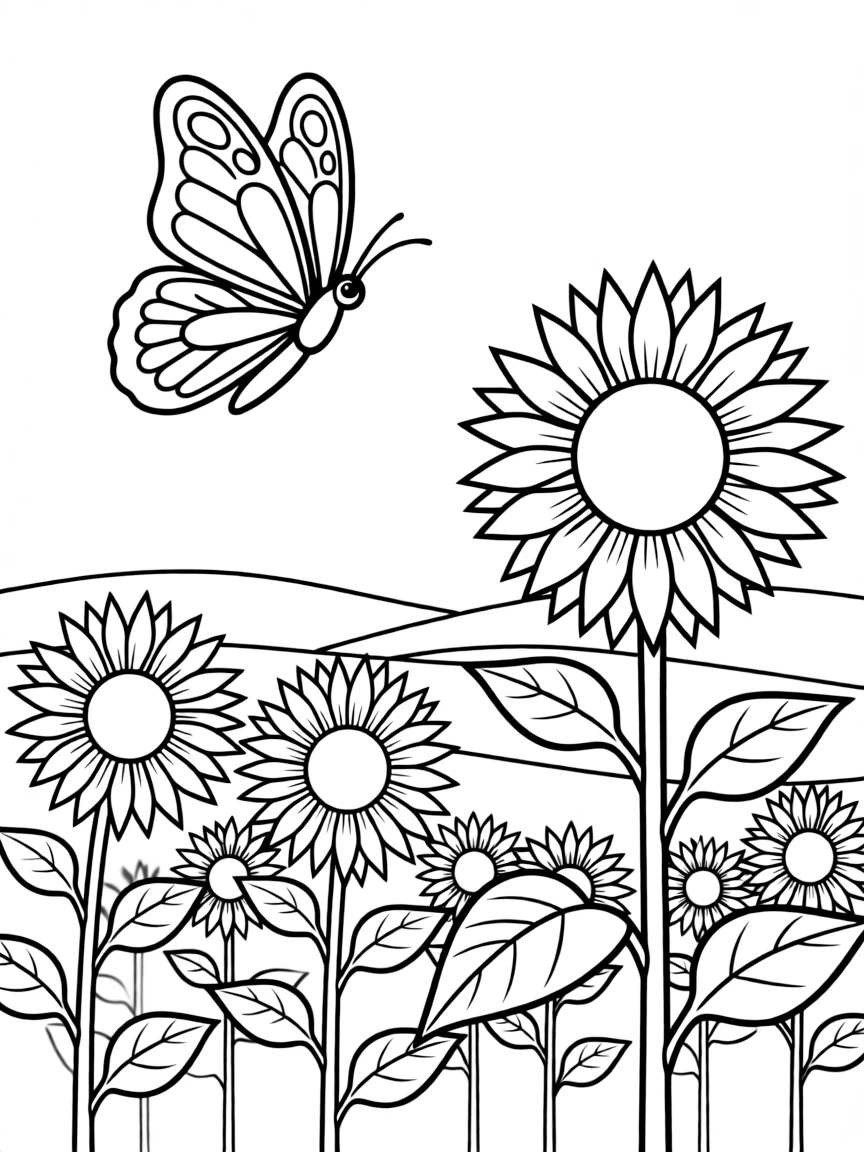 A cheerful butterfly flying over sunflowers in Kansas.
