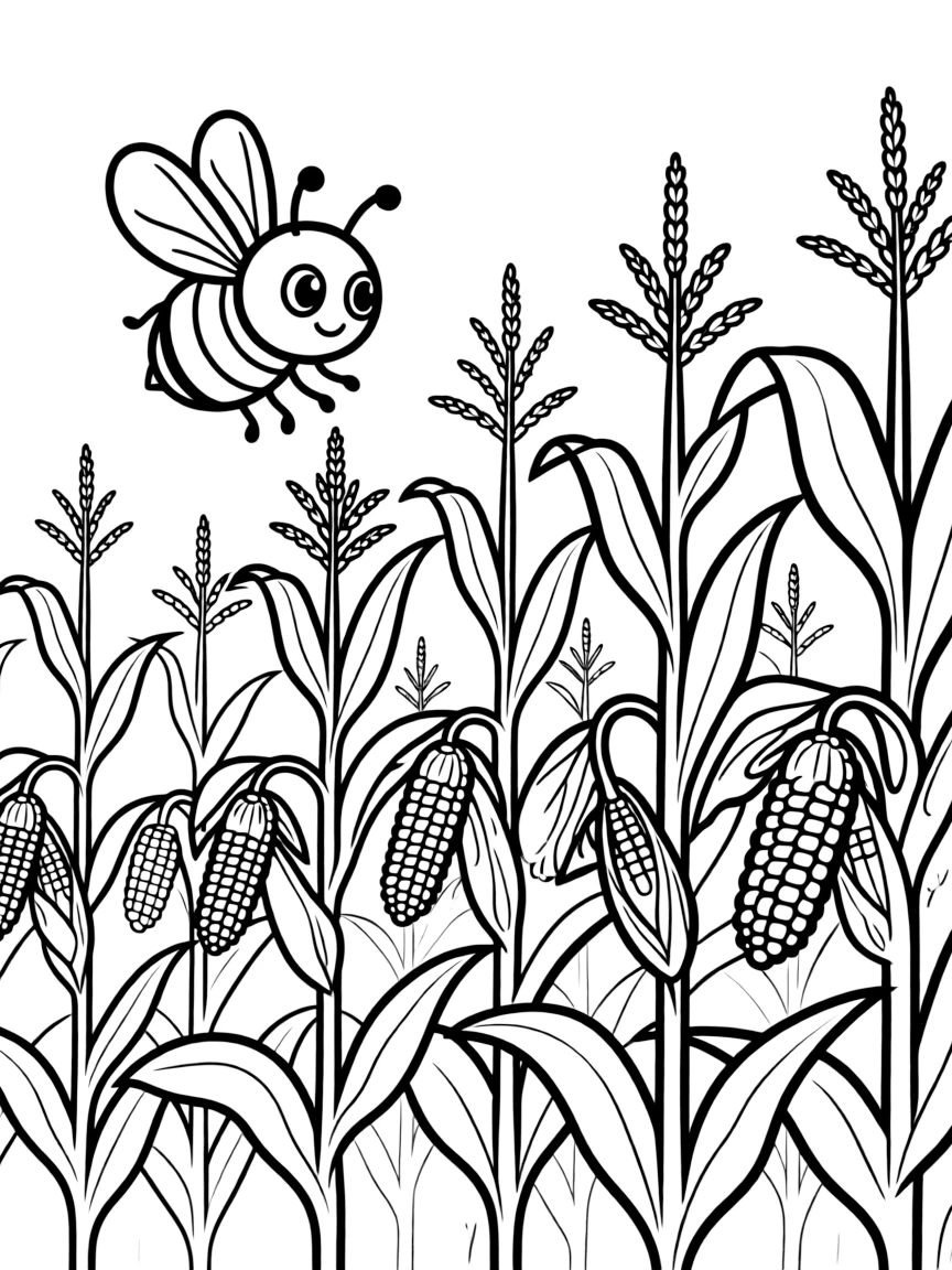 A busy bee buzzing around corn stalks in Iowa.