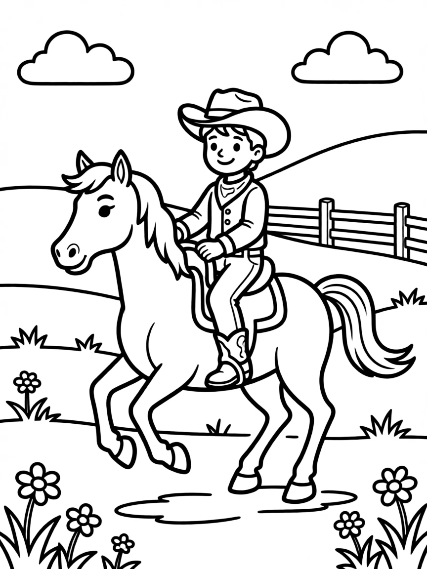 A happy horse with a cowboy, riding through a field in Kentucky.
