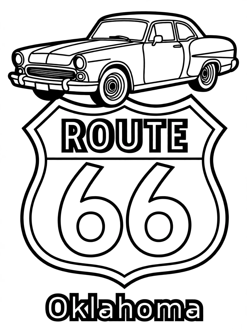 A cool car driving on a Route 66 sign in Oklahoma.