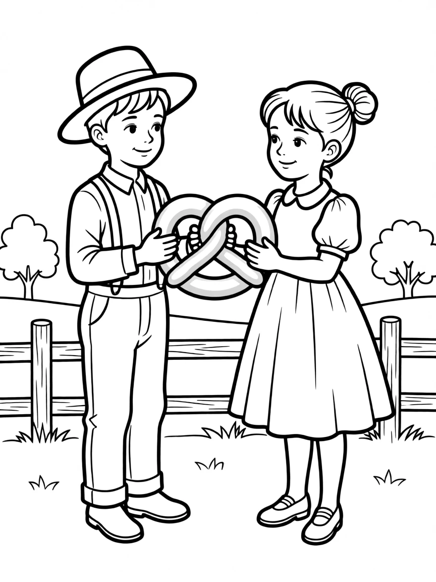 A little Quaker boy and girl sharing a pretzel in Pennsylvania.