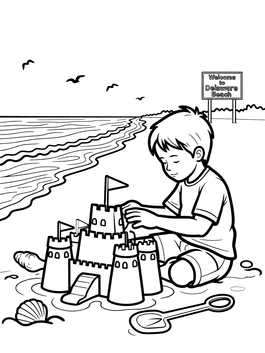 A little boy building a sandcastle on a beach in Delaware.