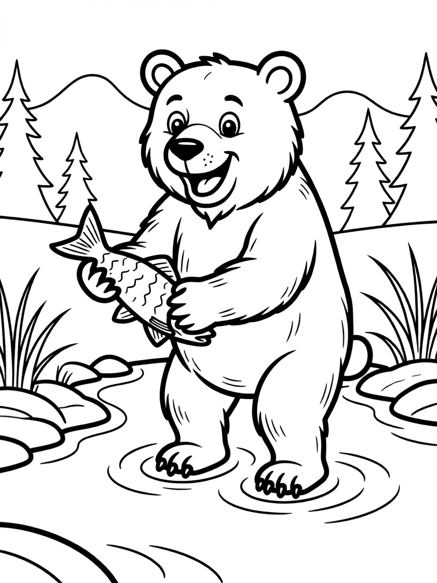 A happy bear catching a fish in a stream in Alaska.