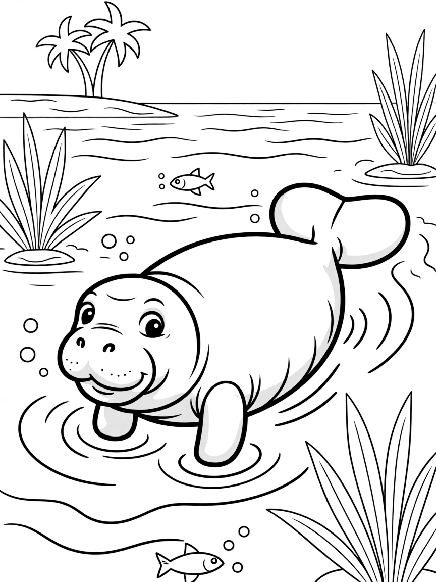 A joyful manatee swimming in clear water in Florida.