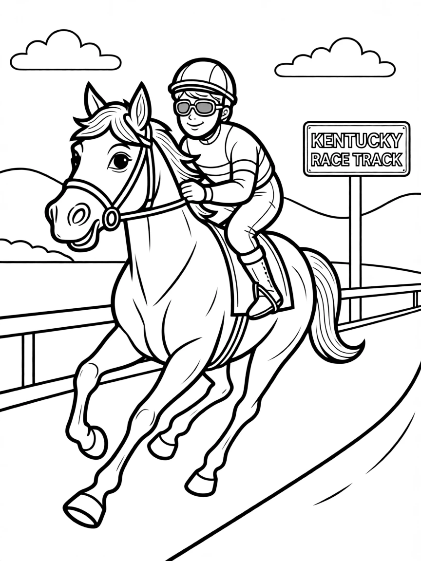 A happy horse with a jockey, racing on a track in Kentucky.
