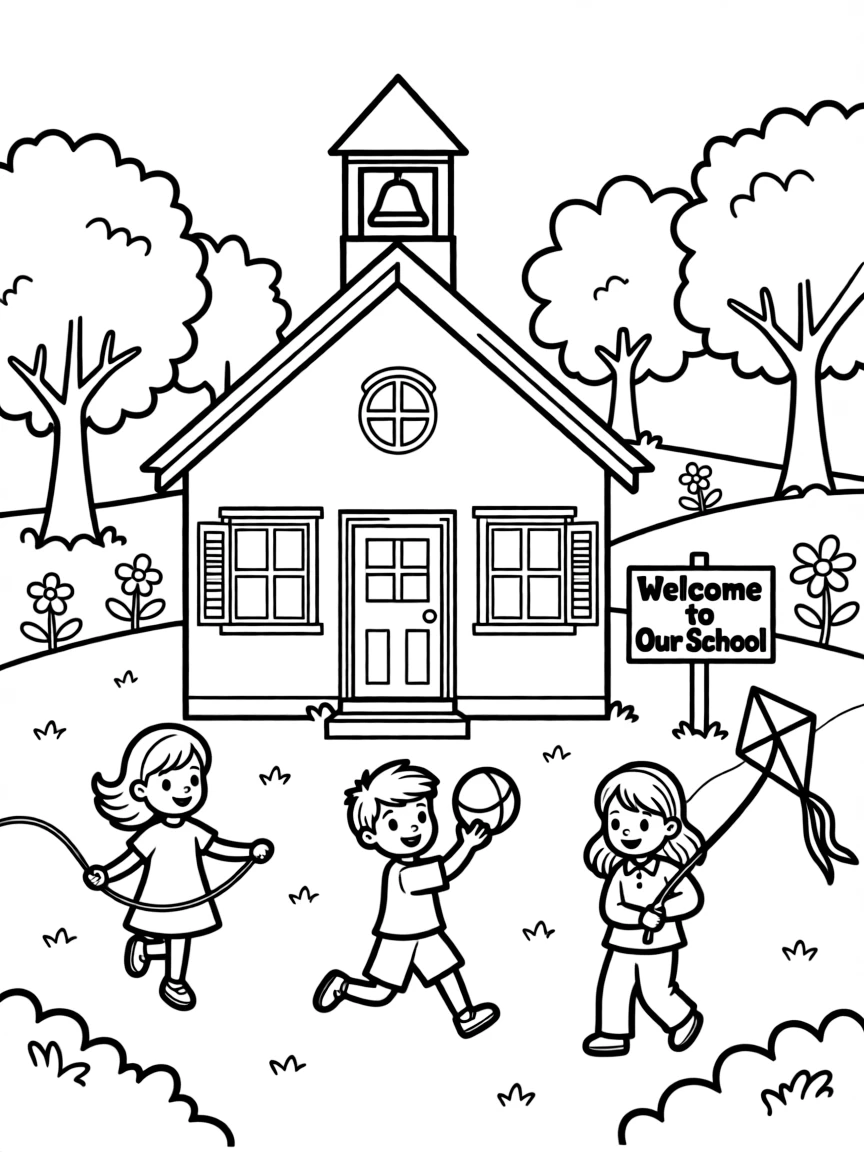 A little red schoolhouse with children playing in Massachusetts.