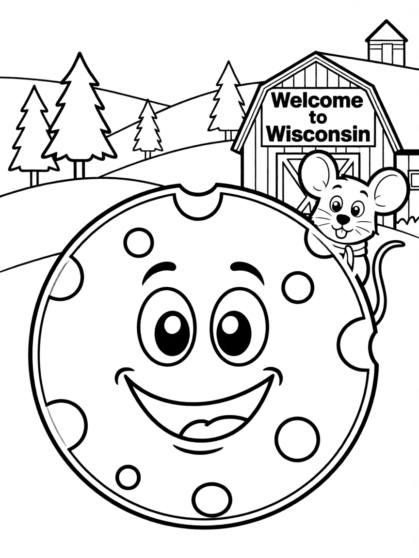 A happy cheese wheel with a mouse peeking out in Wisconsin.