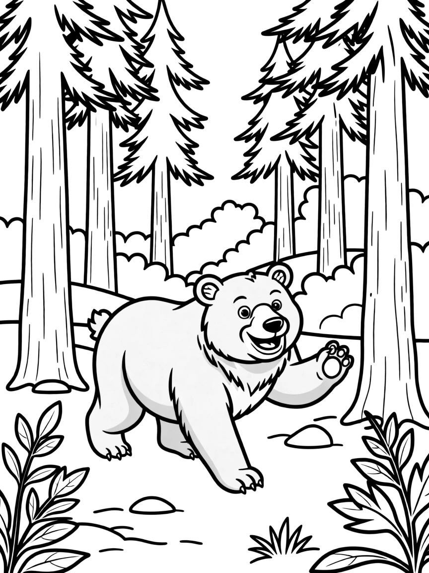 A happy grizzly bear walking through a forest in Montana.