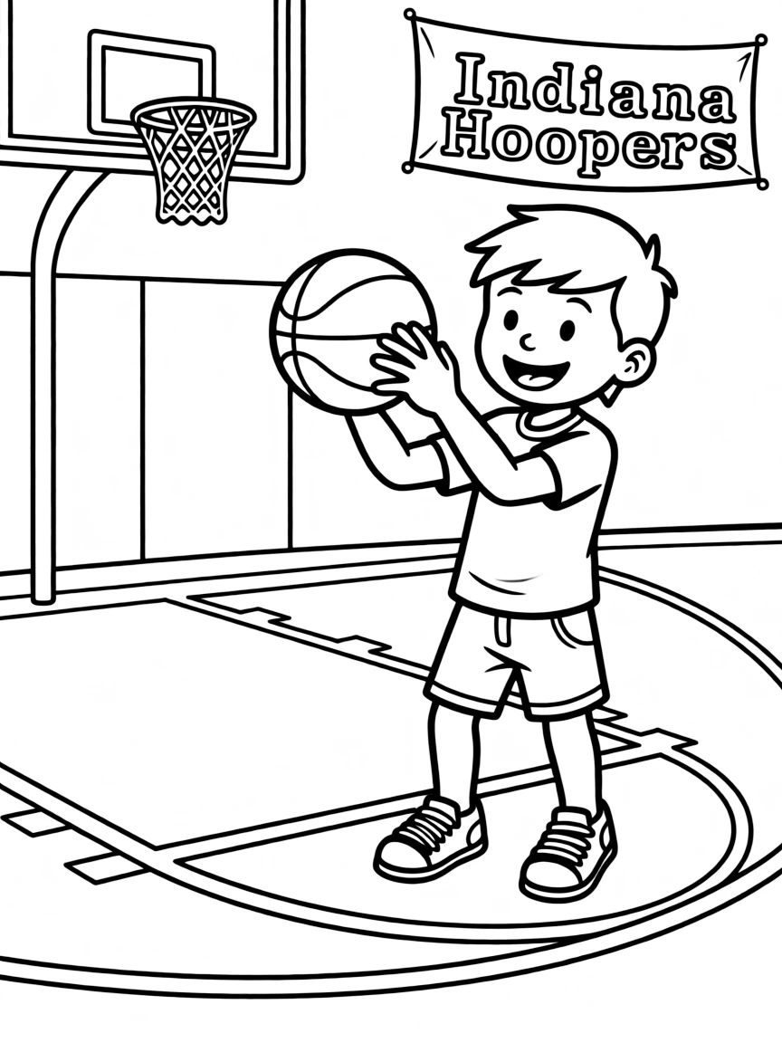 A cheerful little boy playing basketball in a gym in Indiana.