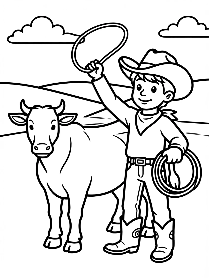 A tiny cowboy lassoing a steer in South Dakota.