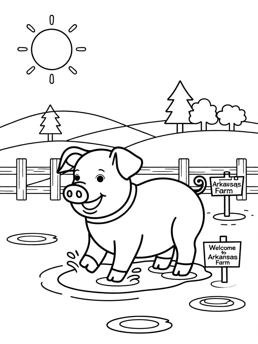 A happy piglet playing with mud puddles in Arkansas.
