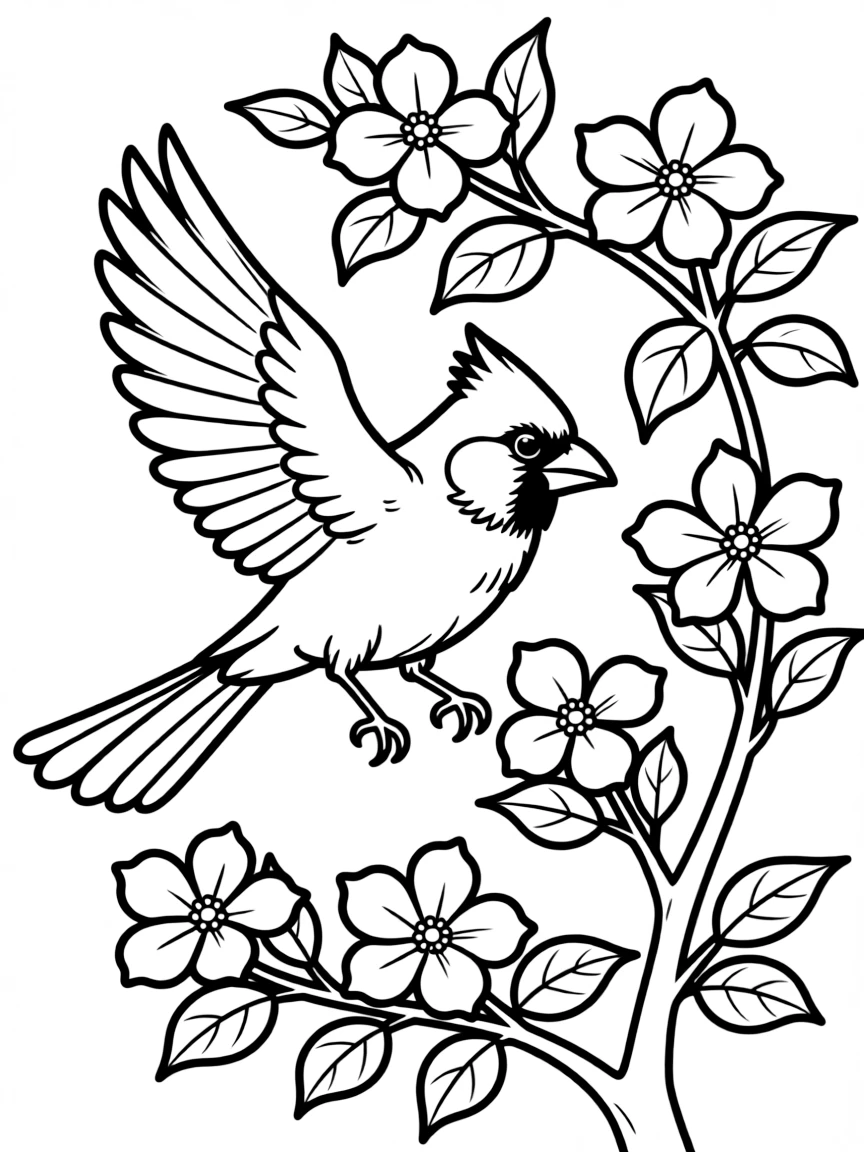 A cute cardinal flying through a dogwood tree in Virginia.